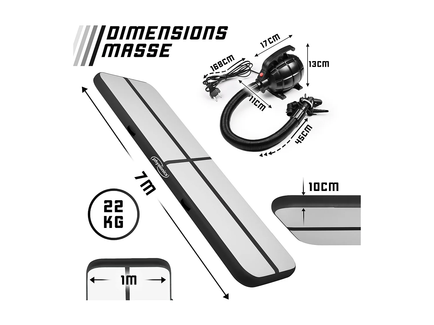 Tapis de gymnastique / Tapis de yoga - 700 x 100 x 10 cm - avec pompe électrique - noir