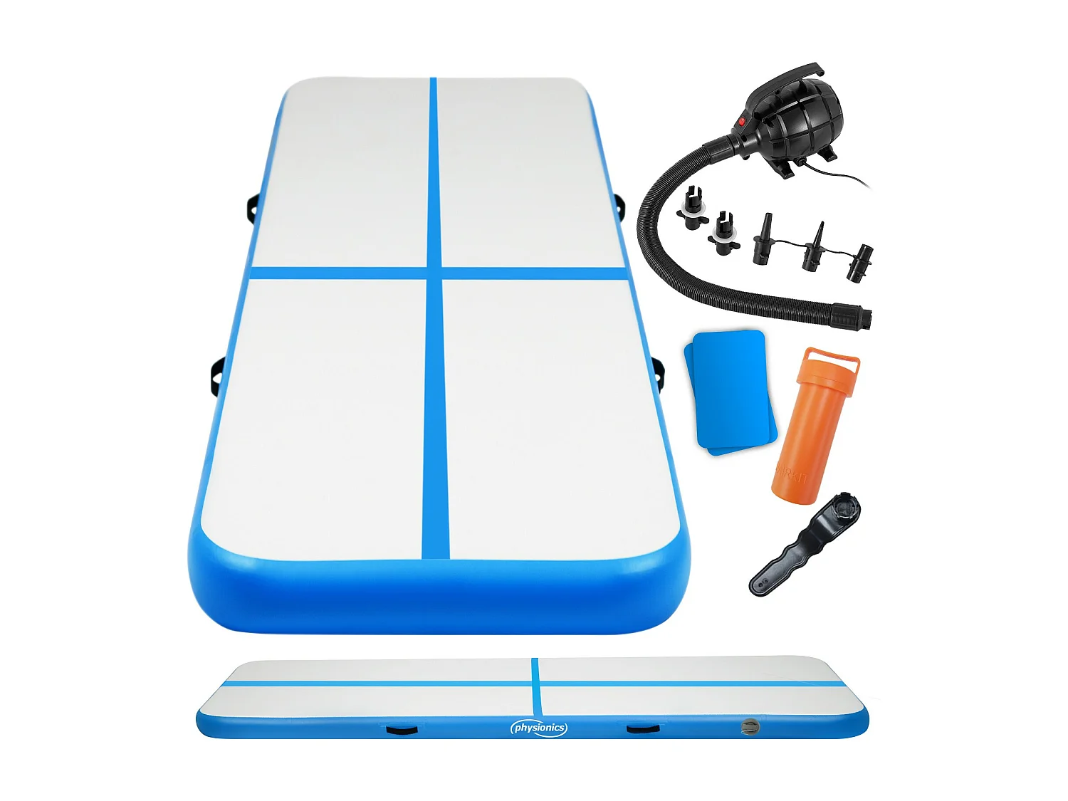 Tapis de gymnastique / Tapis de yoga - 500 x 100 x 10 cm - avec pompe électrique - bleu