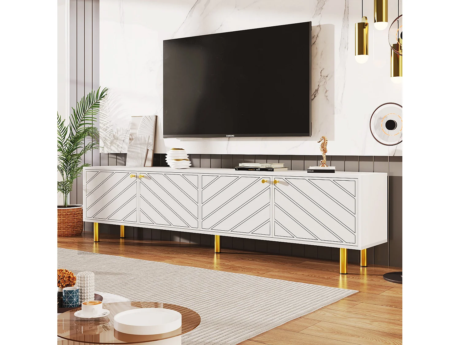 Meuble tv blanc à 4 portes avec quincaillerie dorée,d170cm×h50cm