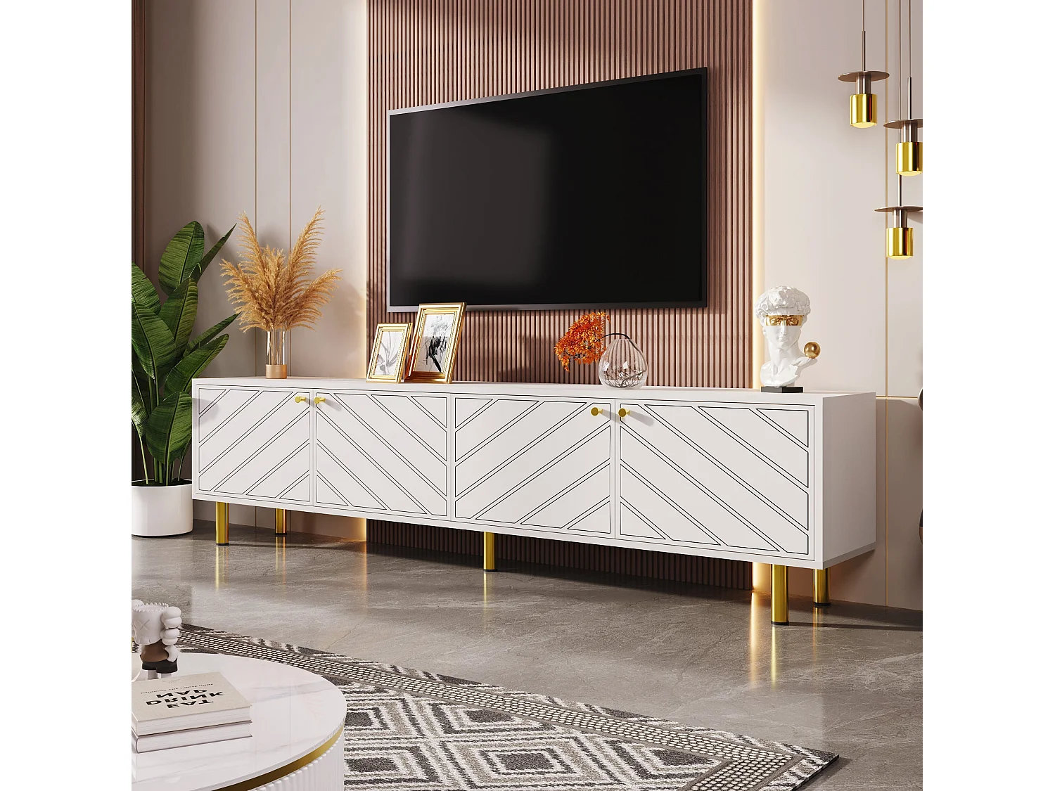 Meuble tv blanc à 4 portes avec quincaillerie dorée,d170cm×h50cm
