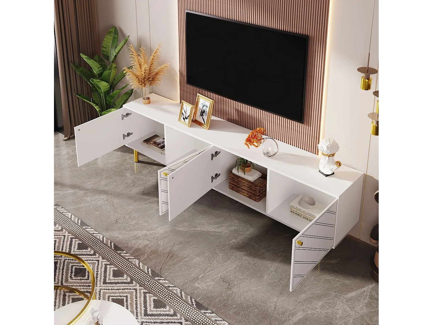 Meuble tv blanc à 4 portes avec quincaillerie dorée,d170cm×h50cm