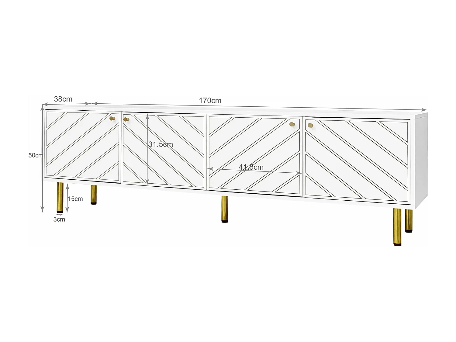 Meuble tv blanc à 4 portes avec quincaillerie dorée,d170cm×h50cm