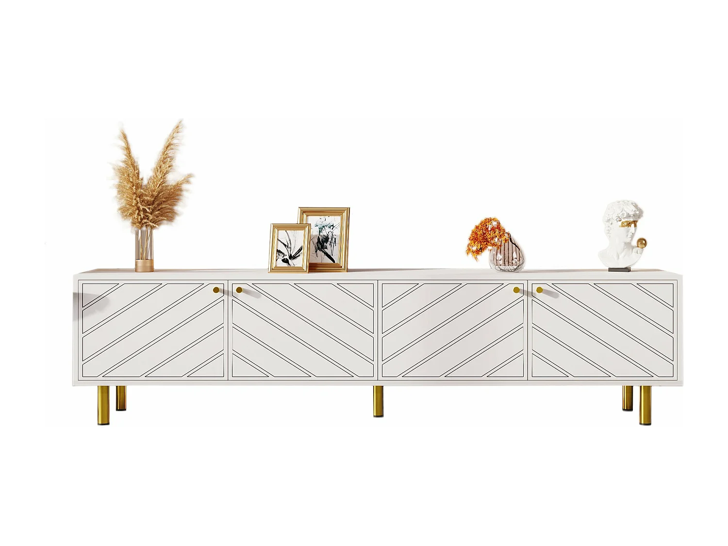 Meuble tv blanc à 4 portes avec quincaillerie dorée,d170cm×h50cm