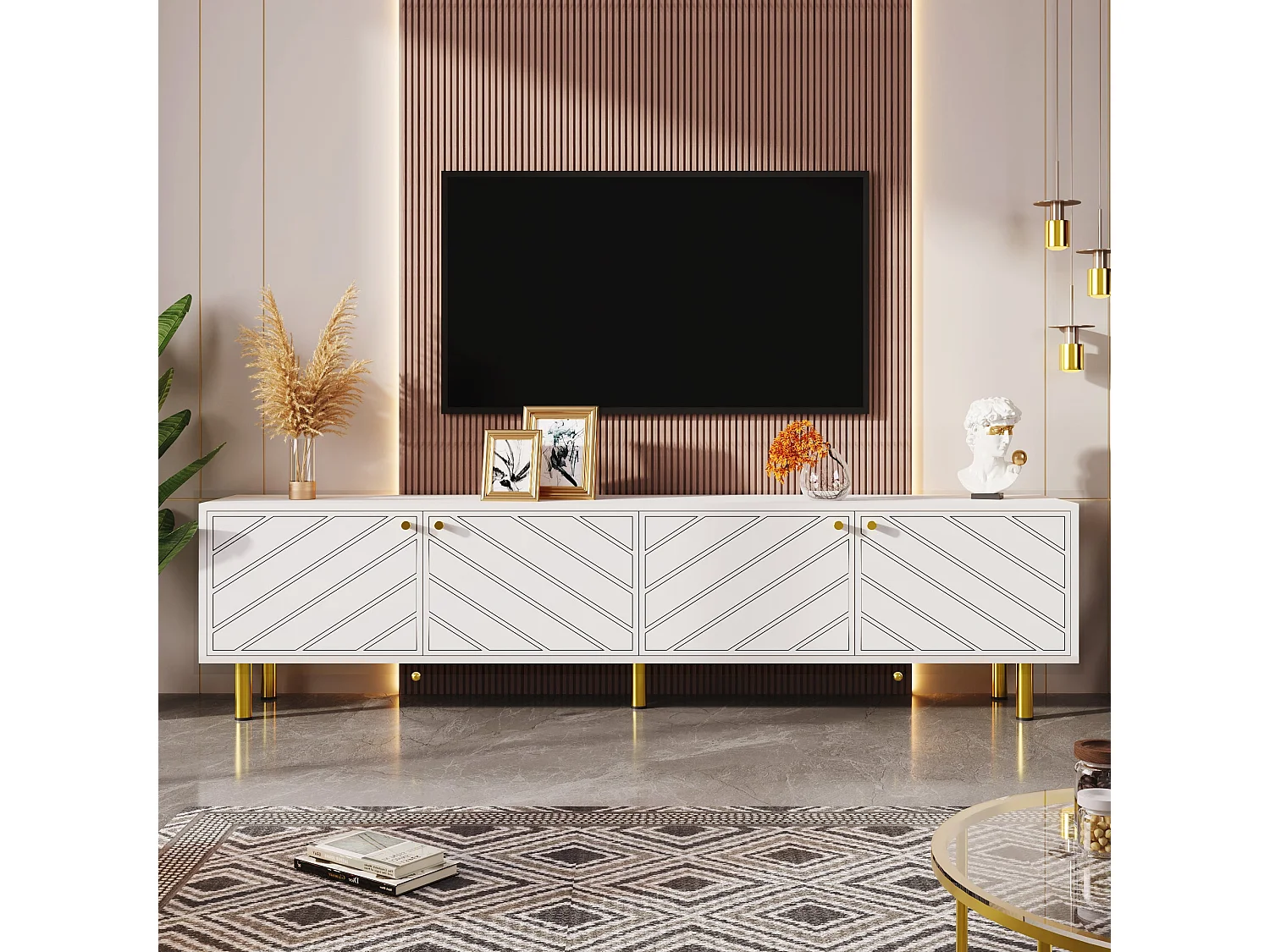 Meuble tv blanc à 4 portes avec quincaillerie dorée,d170cm×h50cm