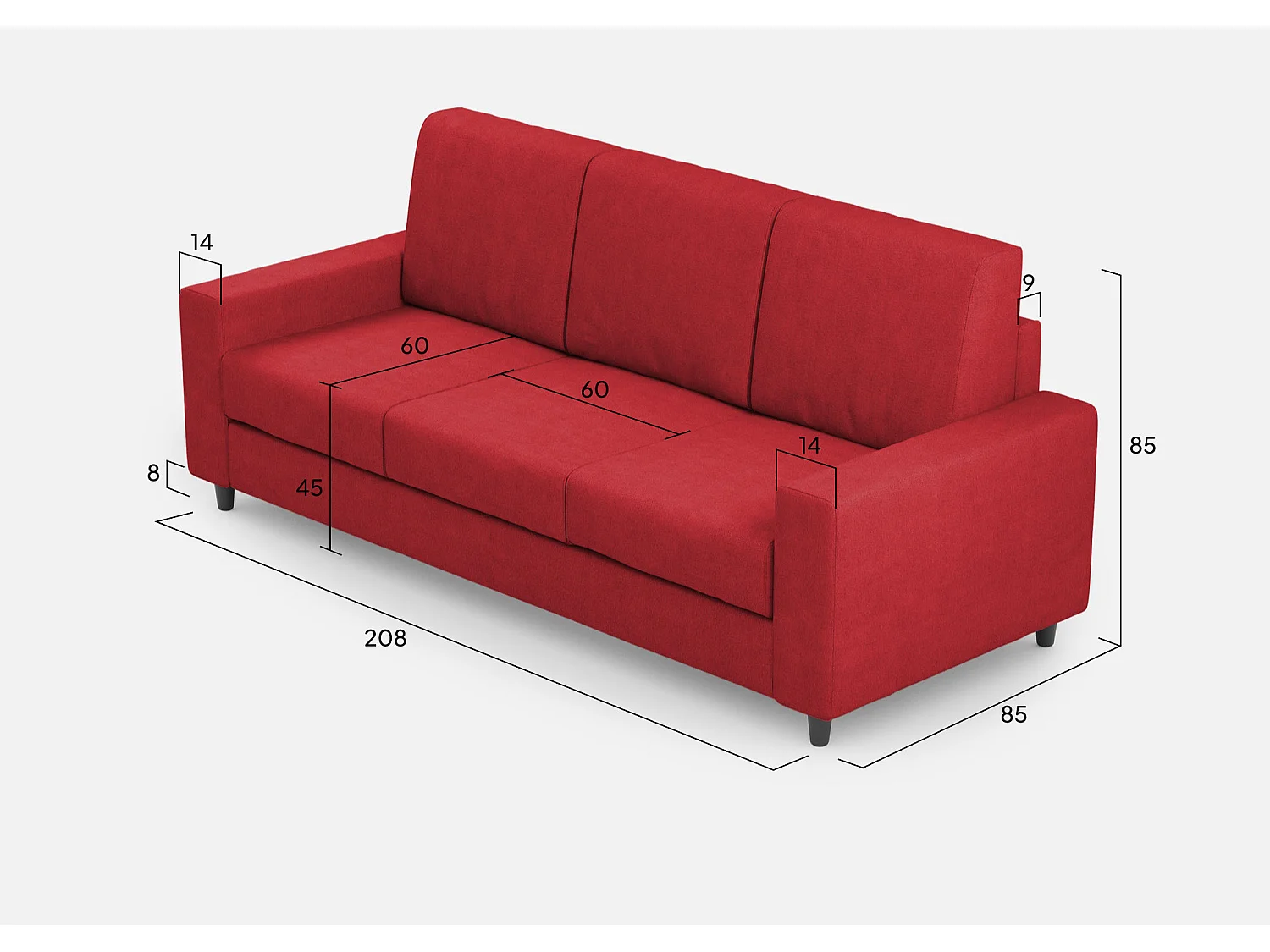 Sakar 3-zitsbank (drie zitplaatsen van 60cm) buitenafmetingen L.208cm kleur rood