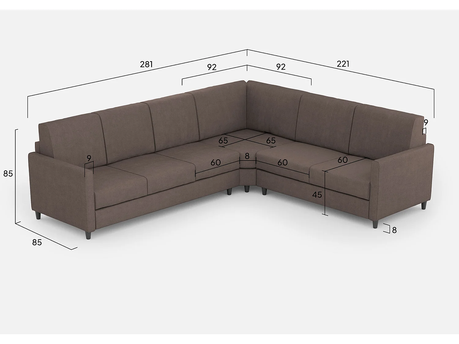 Divano Karay 3 posti  (tre sedute da 60cm) + angolo + divano 2 posti( due sedute da 60cm) misure esterne L.281x221 colore talpa