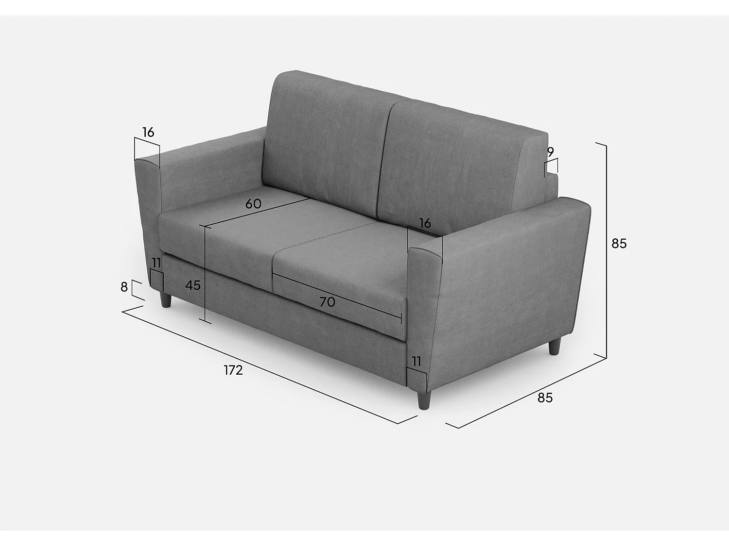 Sofá Yasel 2 lugares (dois assentos de 60cm) dimensões externas L.152cm cinza