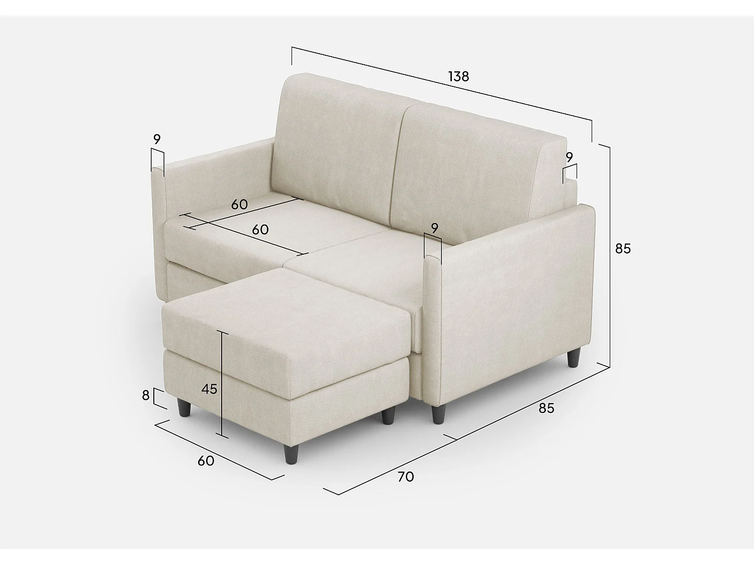 Canapé Karay 2 places (deux places 60cm) + pouf dimensions extérieures L.138 P.155 coloris lait