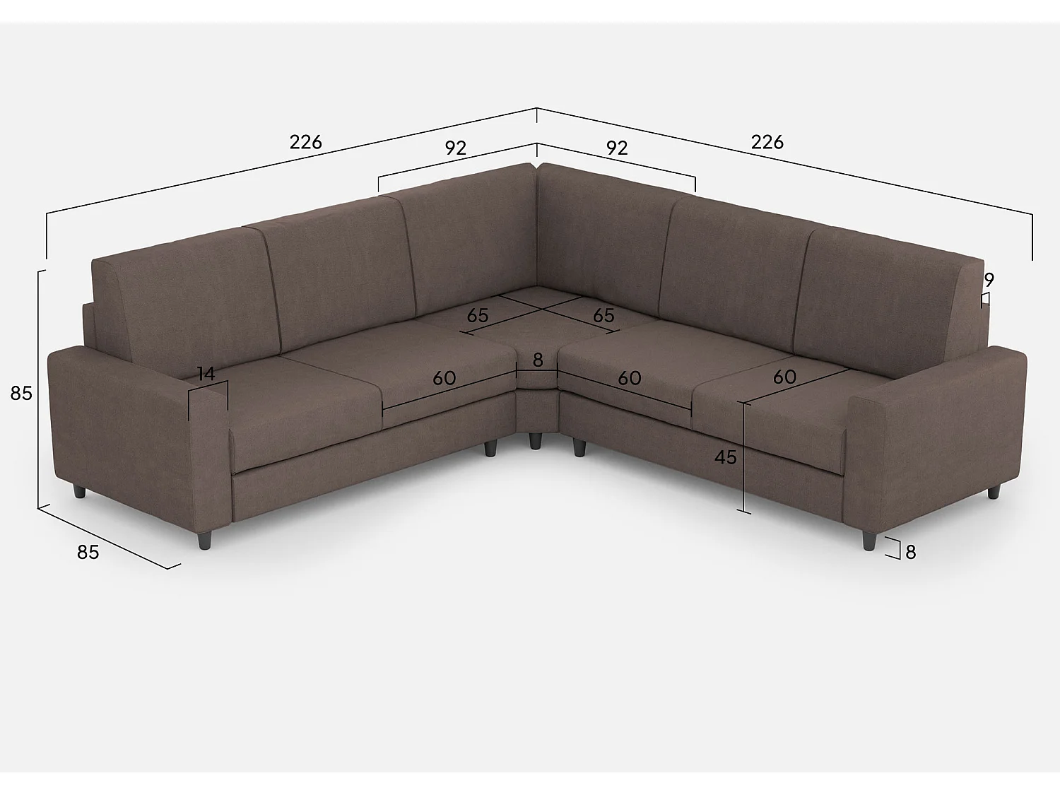 Divano Sakar 2 posti (due sedute da 60cm)+ angolo + divano 2 posti (due sedute da 60cm) misure esterne L.226x226 colore talpa
