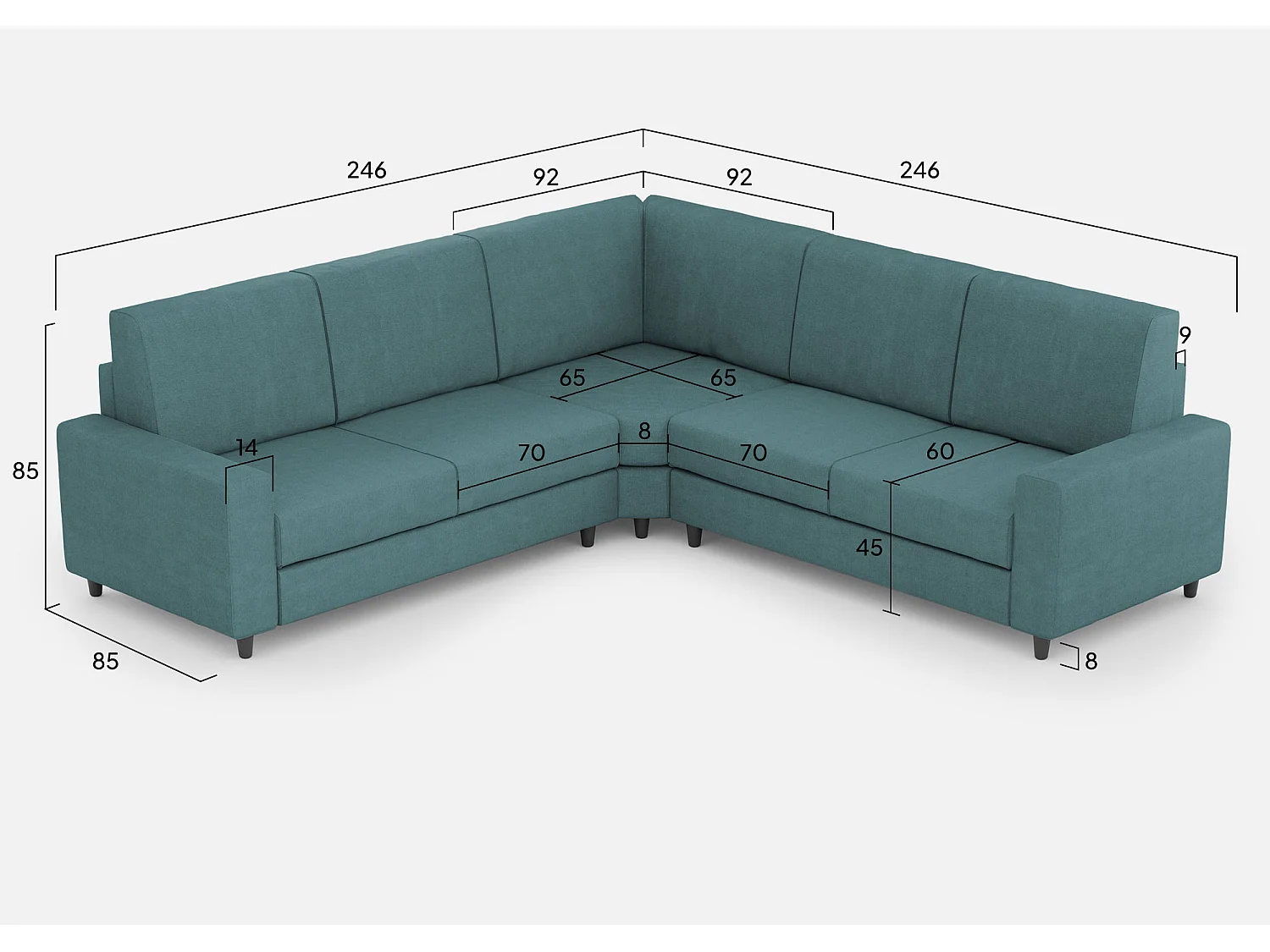 Sakar 2-Sitzer-Sofa mittelgroß (zwei 70-cm-Sitze) + Ecksofa + mittelgroß 2-Sitzer-Sofa (zwei 70-cm-Sitze), Außenmaße L.246x246 in der Farbe Petrol