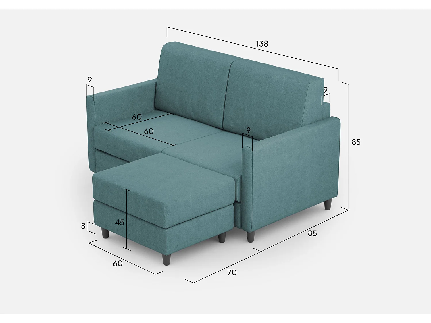 Sofá Karay 2 plazas (dos plazas de 60 cm) + puf dimensiones exteriores L.138 P.155 color petróleo