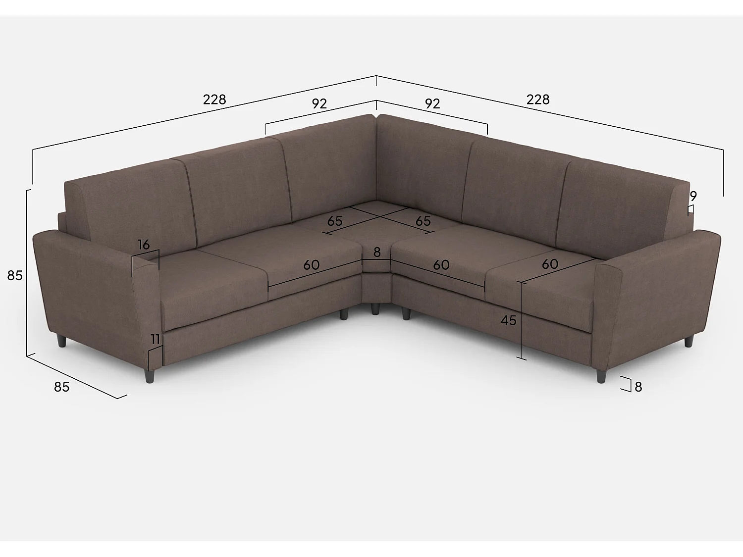 Sofá Yasel de 2 lugares (dois assentos de 60 cm) + canto + sofá de 2 lugares (dois assentos de 60 cm) dimensões externas L.228x228 cinza