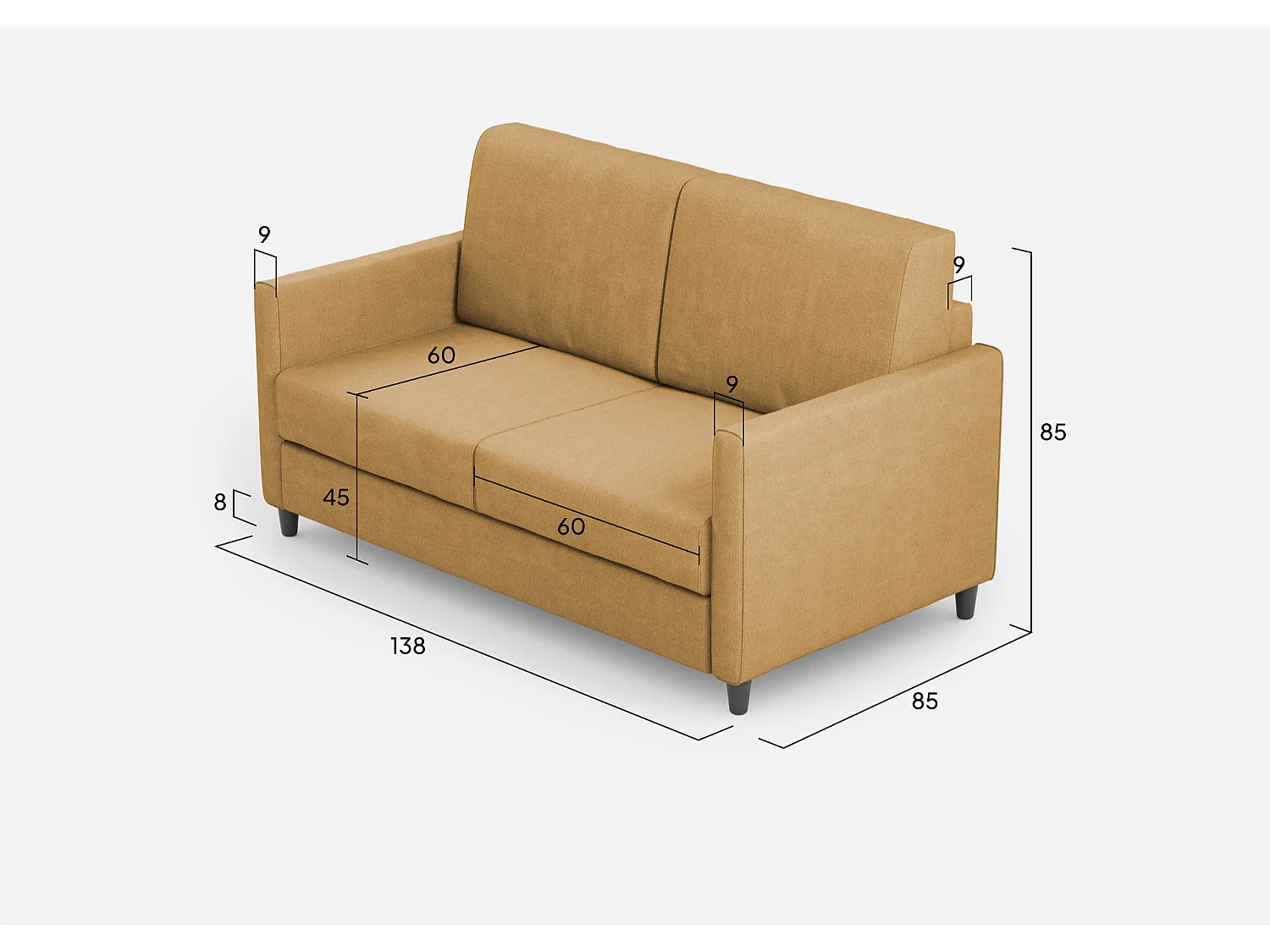 Karay 2-zits medium bank (twee zitplaatsen 70cm) buitenafmetingen L.158cm okerkleur