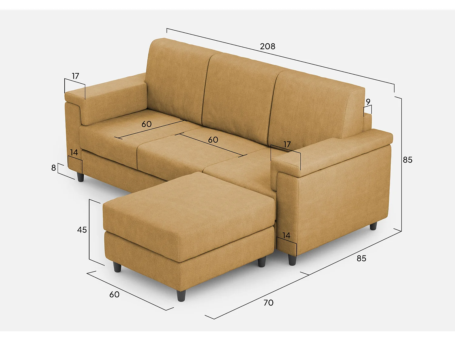 Divano Marrak 3 posti (tre sedute da 60cm) + pouf misure esterne L.208 P.155 colore ocra