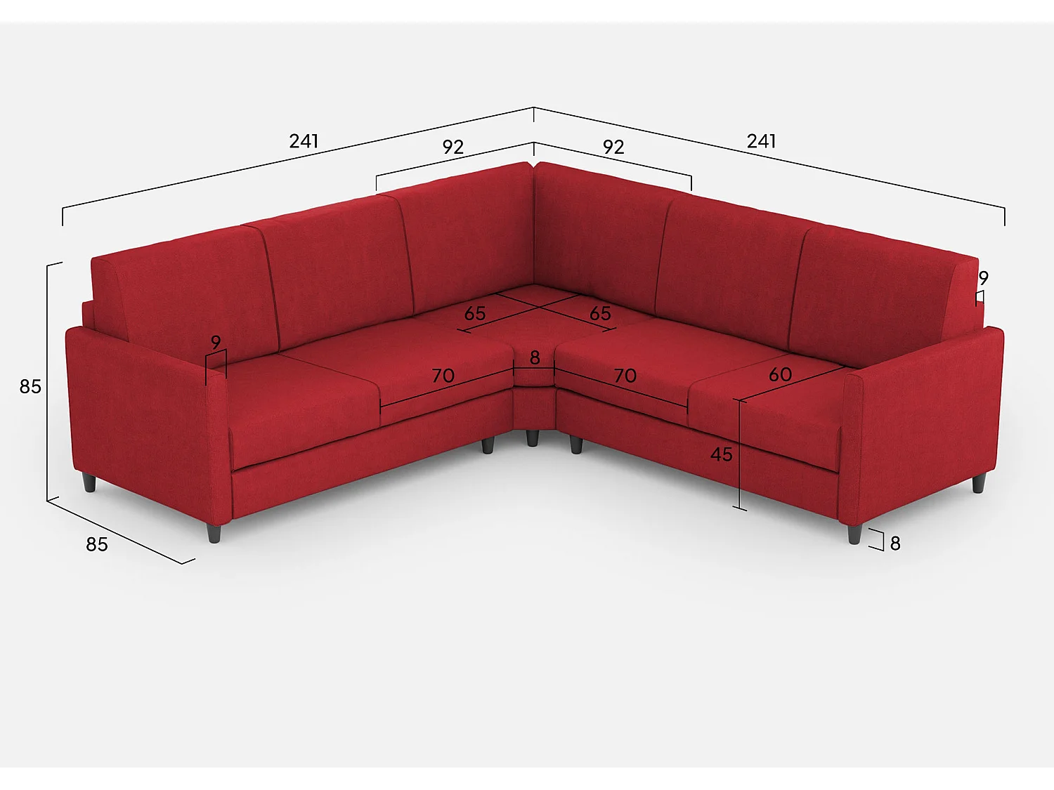 Karay medium 2-zitsbank (twee zitplaatsen 70cm) + hoek + medium 2-zitsbank (twee zitplaatsen 70cm) buitenafmetingen L.241x241 rode kleur