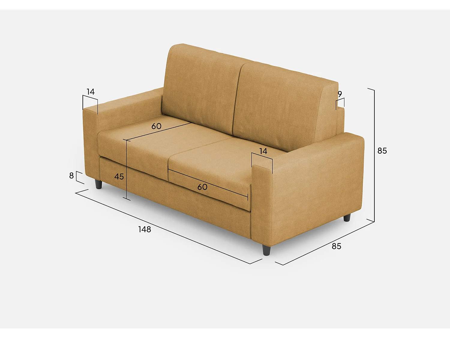 Sakar 2-Sitzer-Sofa (zwei 60-cm-Sitze), Außenmaße L: 148 cm, ockerfarben