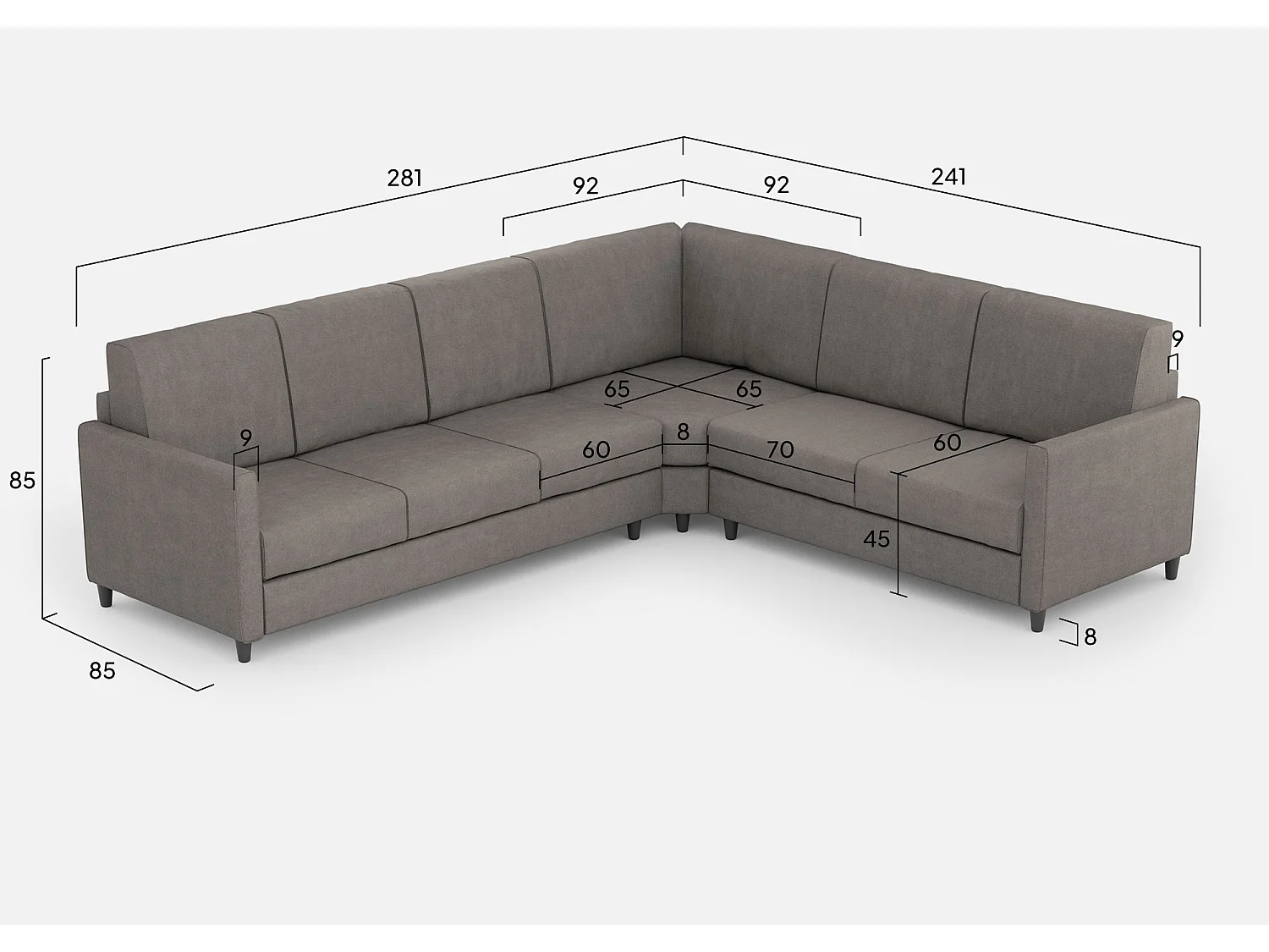 Canapé 3 places Karay (trois places de 60cm) + canapé d'angle + moyen 2 places (deux places de 70cm) dimensions extérieures L.281x241 coloris gris