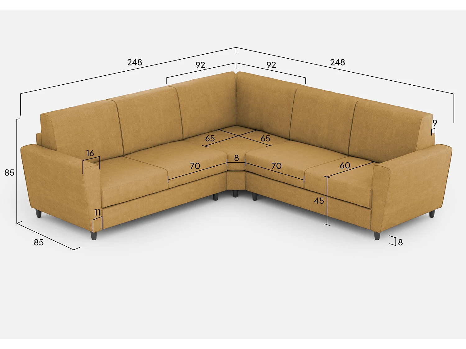 Sofá Yasel mediano de 2 plazas (dos plazas de 70 cm) + rincón + sofá mediano de 2 plazas (dos plazas de 70 cm) dimensiones exteriores L.248x248 ocre