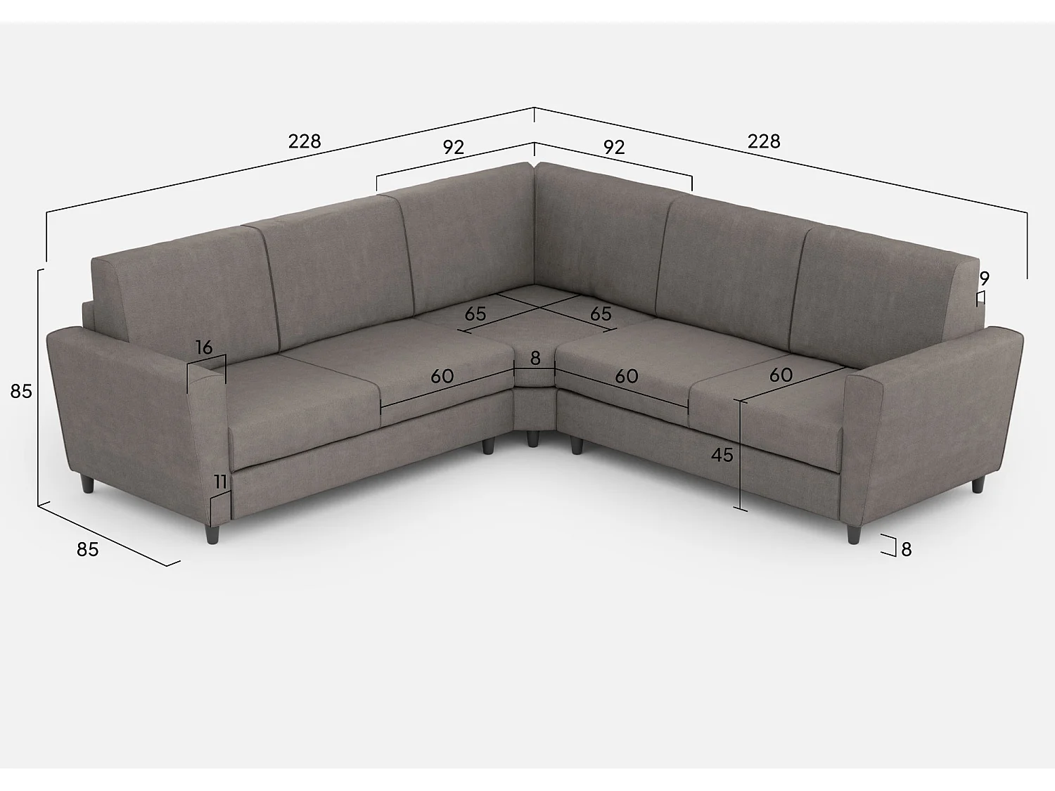 Sofá Yasel de 2 plazas (dos plazas de 60 cm) + rincón + sofá de 2 plazas (dos plazas de 60 cm) dimensiones exteriores L.228x228 gris