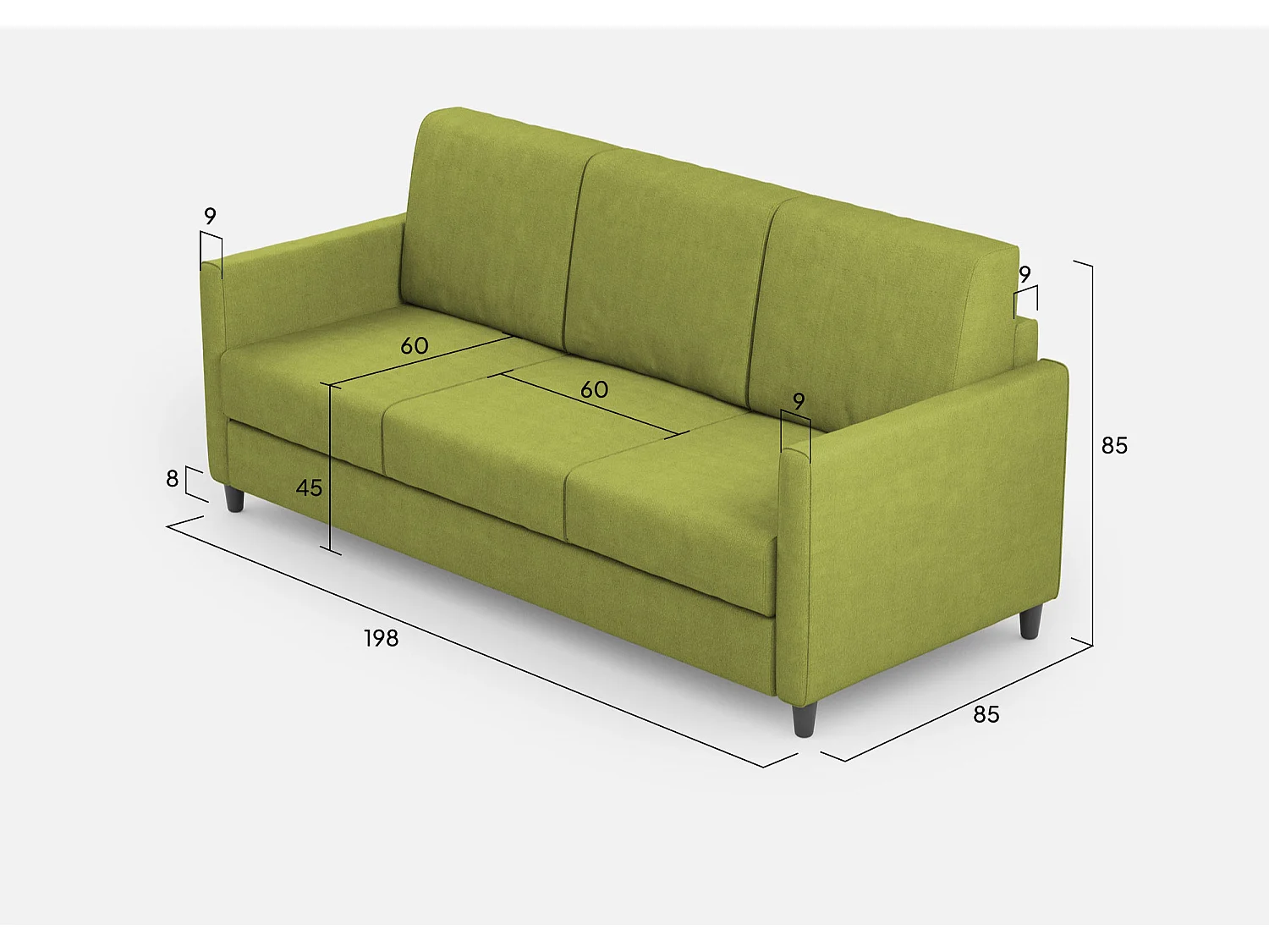Karay 3-Sitzer-Sofa (drei Sitze à 60 cm), Außenmaße L. 198 cm, grüne Farbe