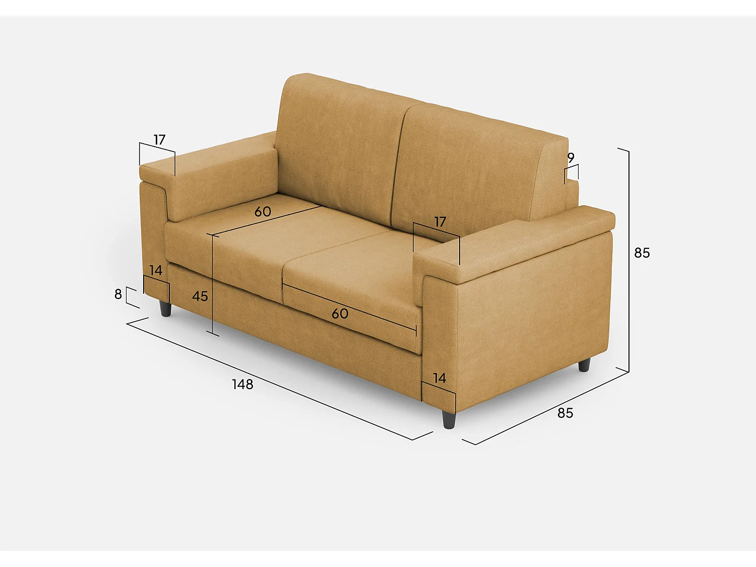 Canapé Marrak moyen 2 places (deux places de 70cm) dimensions extérieures L.168cm coloris ocre