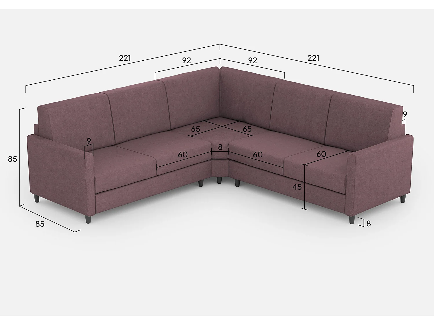 Karay 2-zitsbank (twee zitplaatsen 60cm) + hoek + 2-zitsbank (twee zitplaatsen 60cm) buitenafmetingen L.221x221 pruimkleur