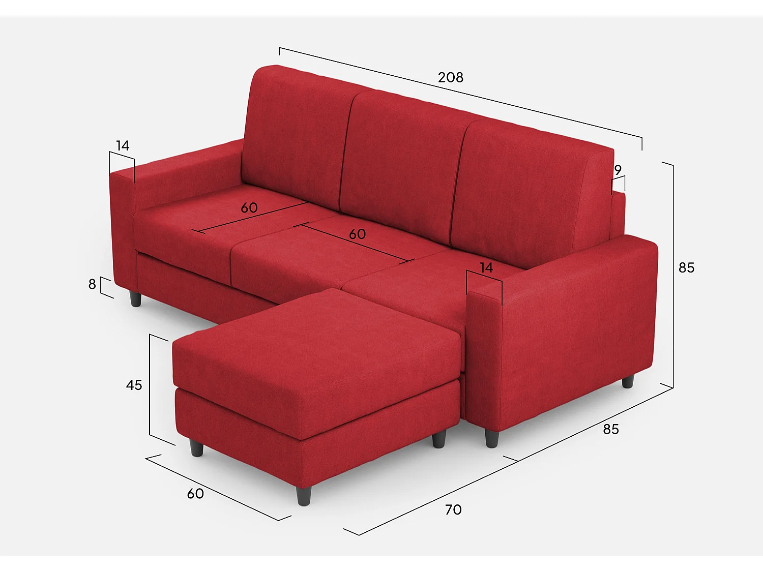 Sakar 3-zitsbank (drie zitplaatsen 60cm) + poef buitenafmetingen L.208 P.155 kleur rood
