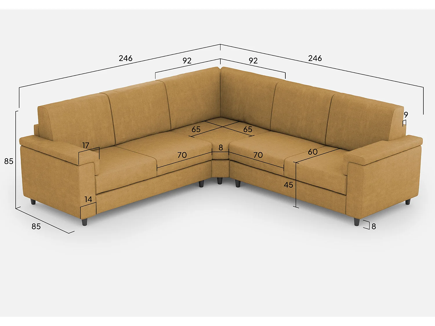Canapé Marrak moyen 2 places (deux places 70cm) + coin + canapé moyen 2 places (deux places 70cm) dimensions extérieures L.246x246 coloris ocre
