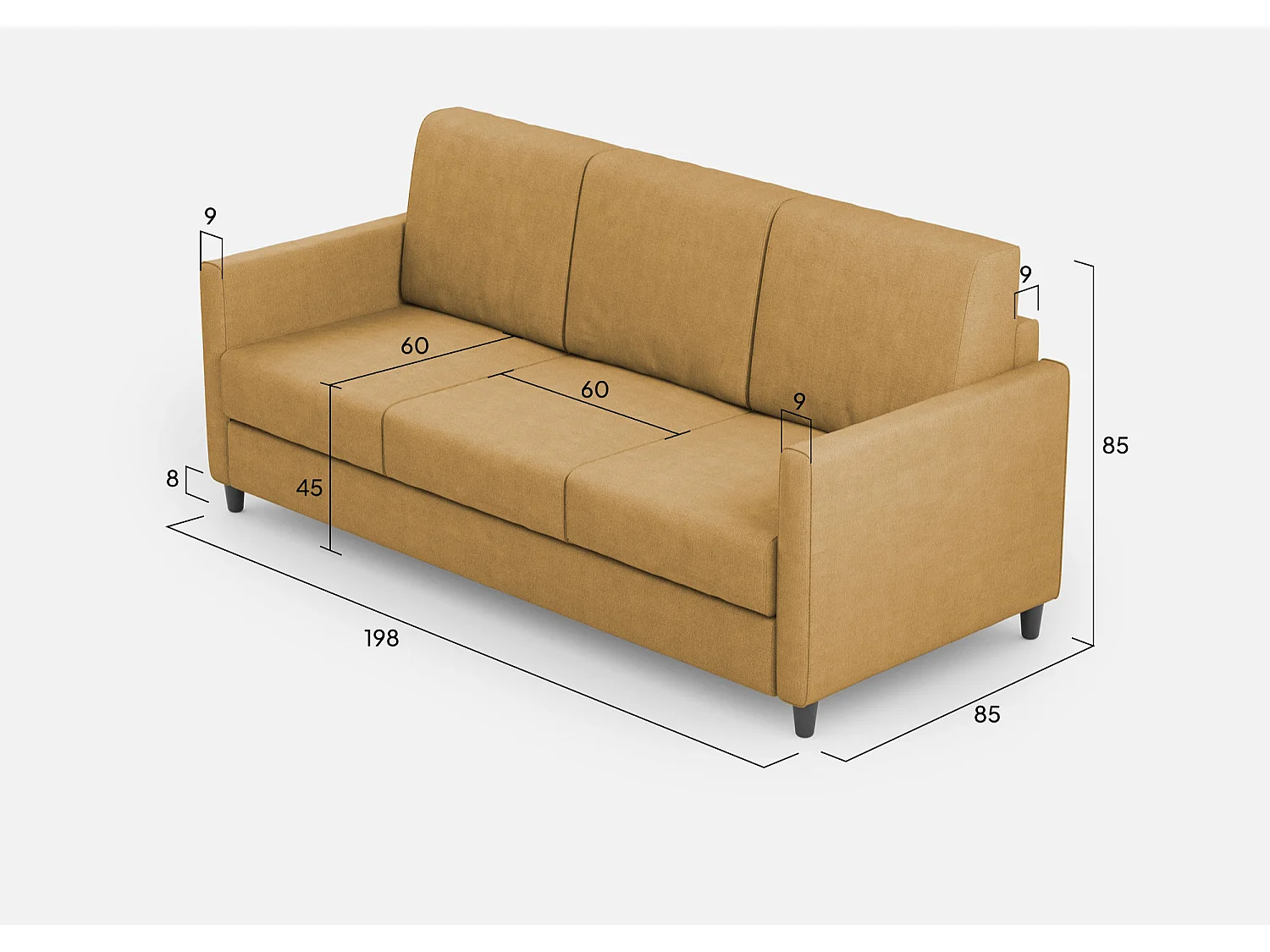 Sofá Karay de 3 lugares (três lugares de 60cm) dimensões externas L.198cm cor ocre