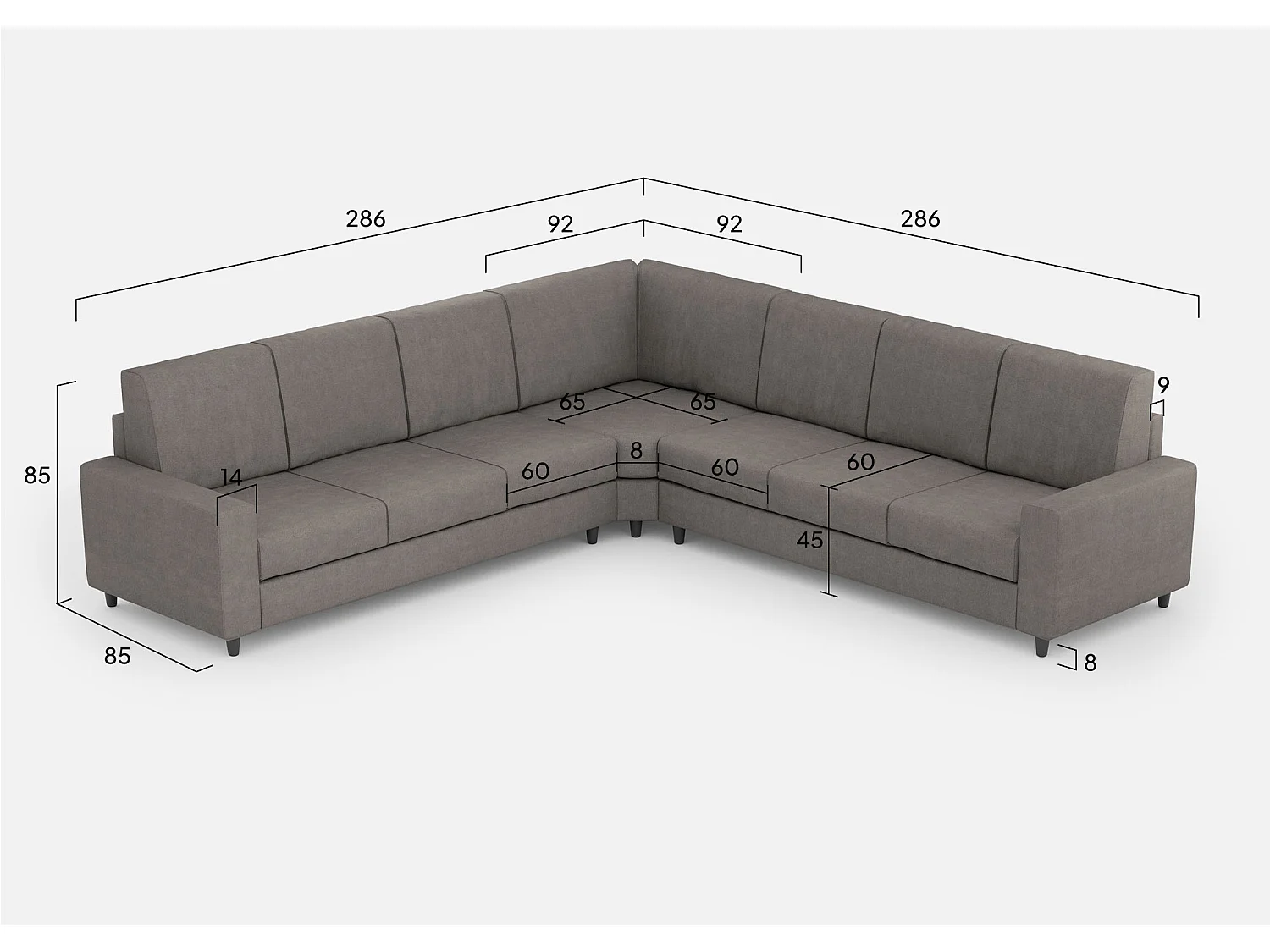 Sofá Sakar de 3 lugares (três assentos de 60cm) + canto + sofá de 3 lugares (três assentos de 60cm) dimensões externas L.286x286 cor cinza