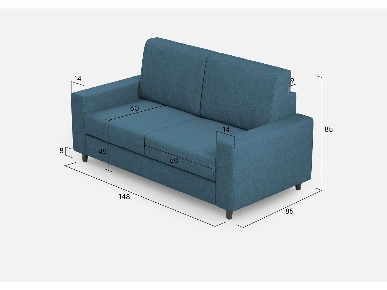 Mittleres 2-Sitzer-Sakar-Sofa (zwei 70-cm-Sitze), Außenmaße L. 168 cm, Avio-Farbe