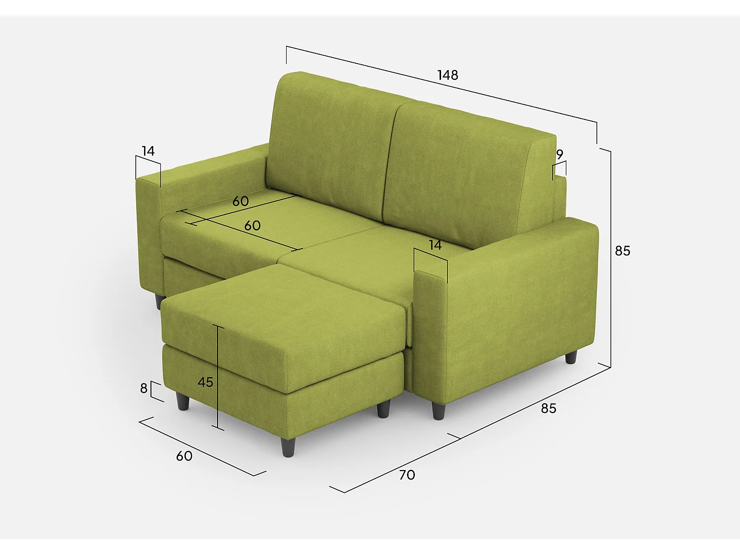 Divano Sakar 2 posti medio  (due sedute da 70cm) + pouf misure esterne L.168 P.145 colore verde