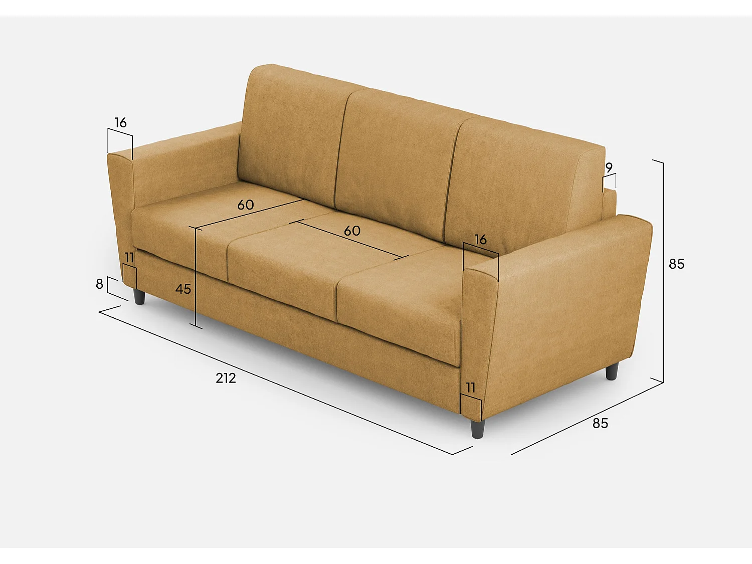 Yasel 3-Sitzer-Sofa (drei 60-cm-Sitze), Außenmaße L.212 cm, ockerfarben