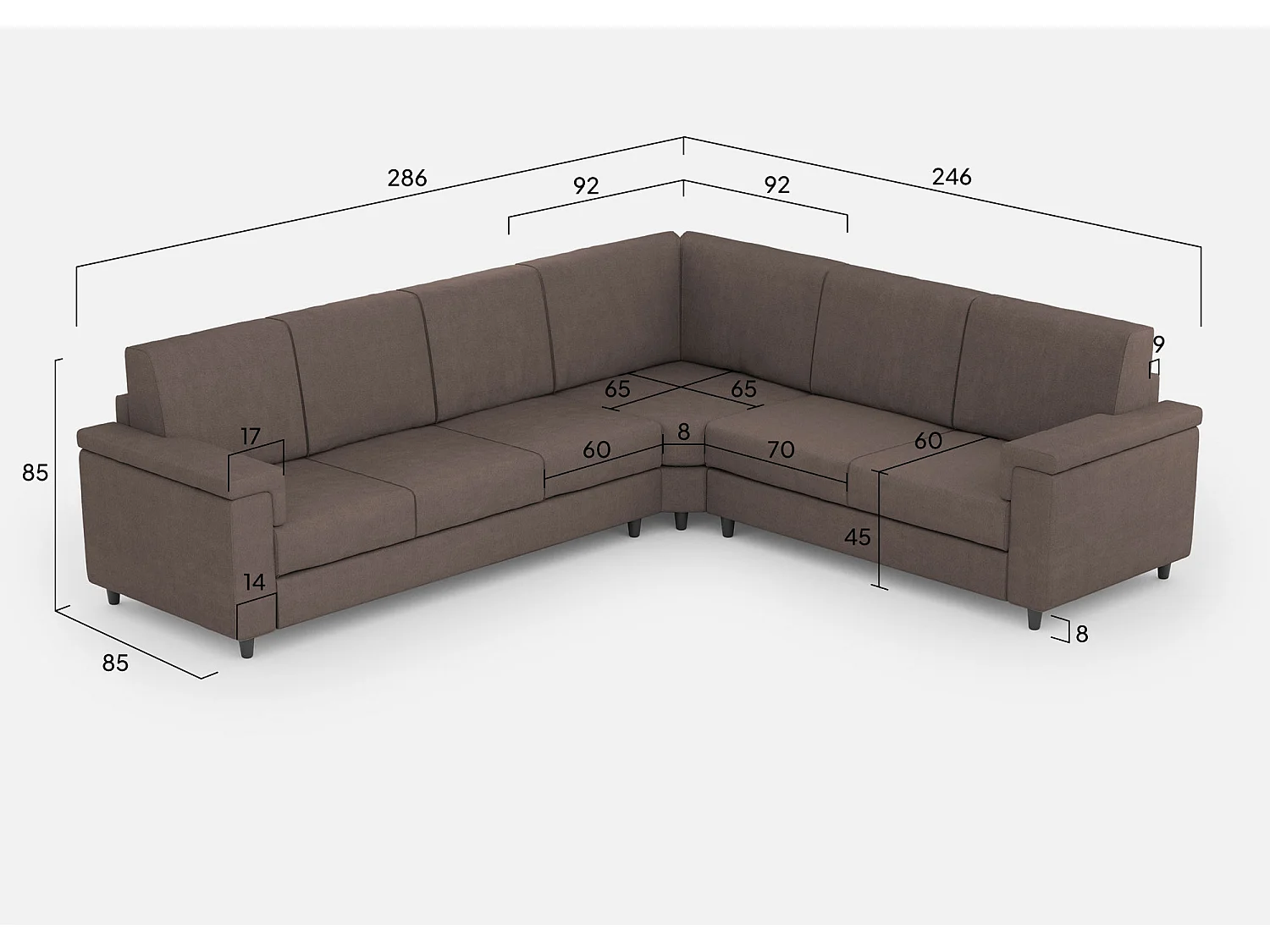 Sofá Marrak de 3 lugares (três lugares de 60cm) + canto + sofá médio de 2 lugares (dois lugares de 70cm) dimensões externas L.286x246 cor cinza