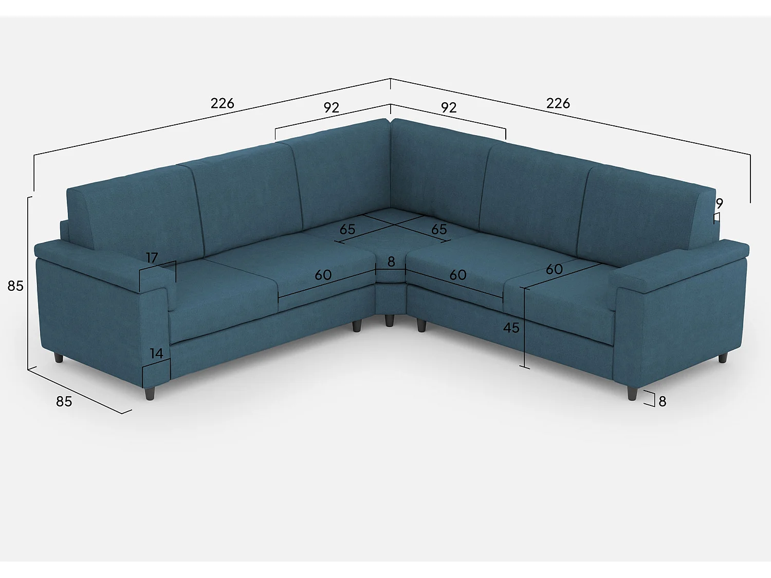Canapé Marrak 2 places (deux places 60cm) + coin + canapé 2 places (deux places 60cm) dimensions extérieures L.226x226 coloris avio