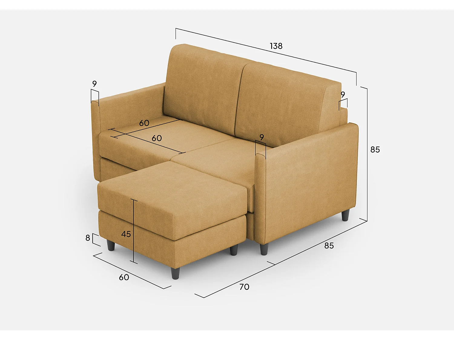 Karay 2-zits medium zitbank (twee zitplaatsen van 70 cm) + poef buitenafmetingen L.158 D.145 okerkleur