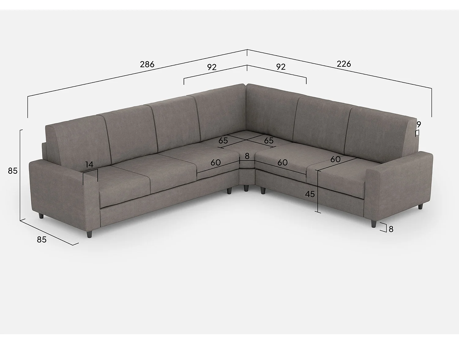 Canapé Sakar 3 places (trois places 60cm) + coin + canapé 2 places (deux places 60cm) dimensions extérieures L.286x226 coloris gris