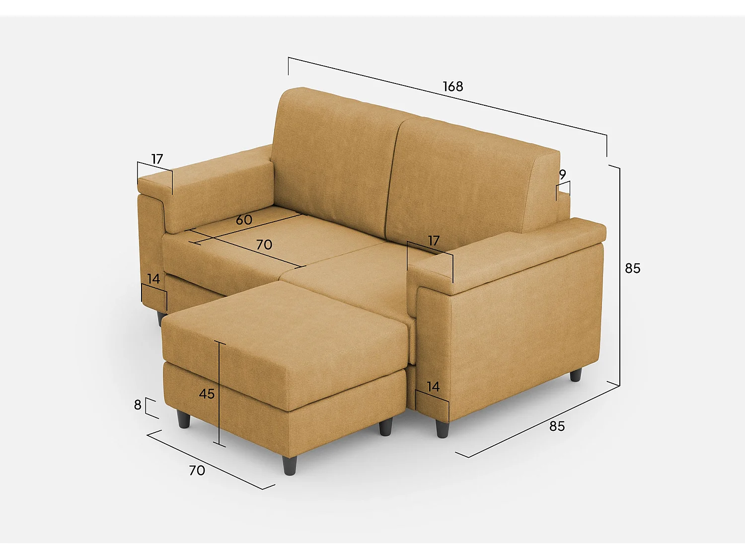 Sofá Marrak mediano de 2 plazas (dos plazas de 70 cm) + puf dimensiones exteriores L.168 P.145 color ocre