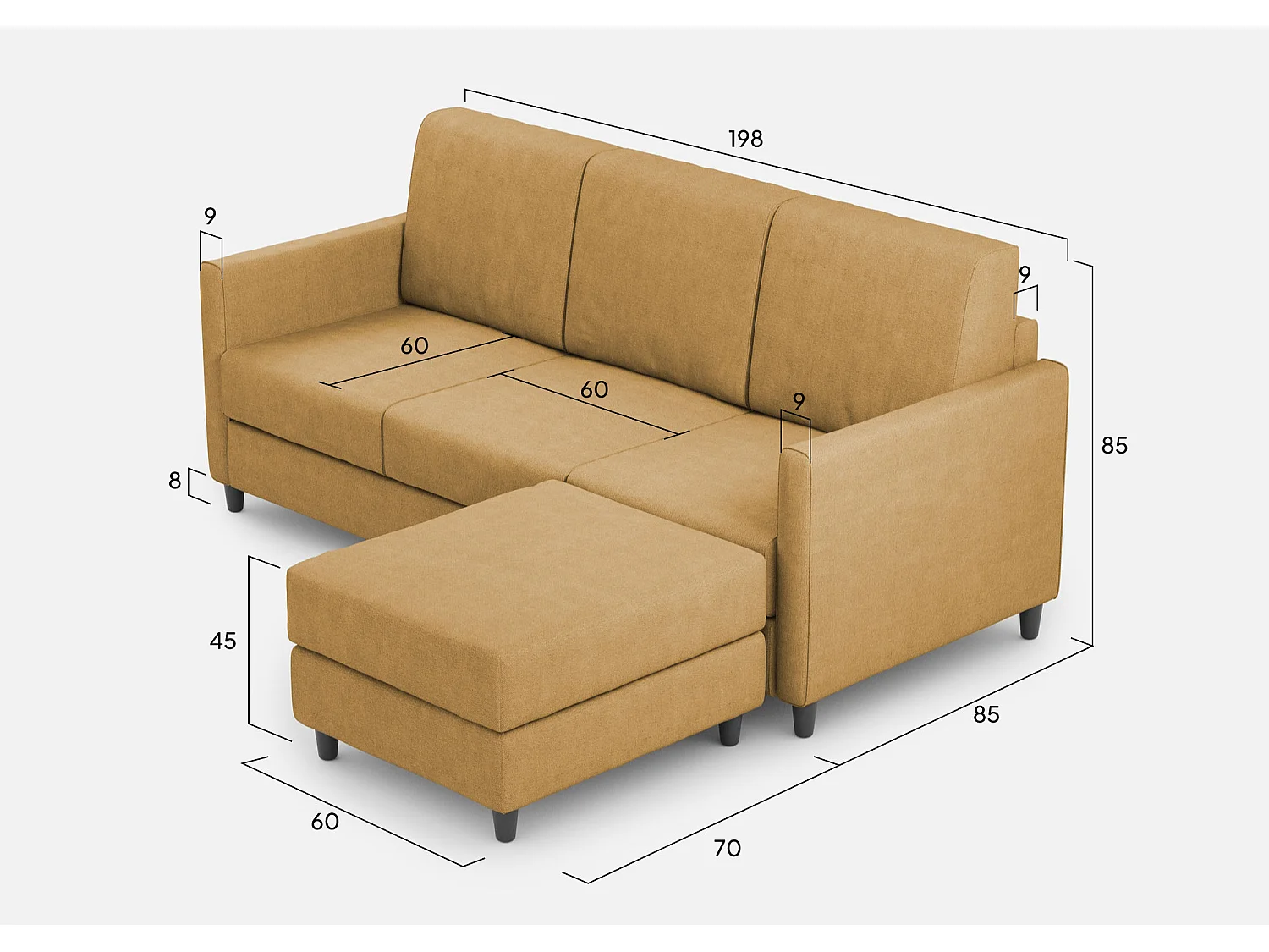 Divano Karay 3 posti (tre sedute da 60cm) + pouf misure esterne L.198 P.155 colore ocra