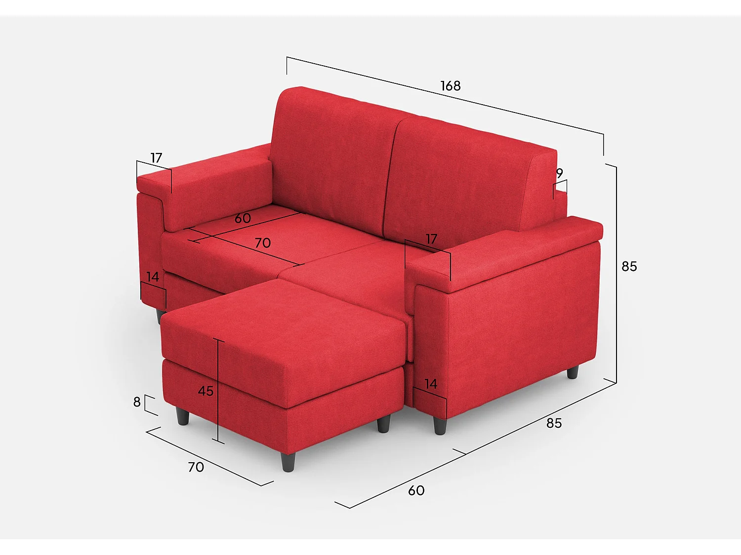 Divano Marrak 2 posti medio  (due sedute da 70cm) + pouf misure esterne L.168 P.145 colore rosso