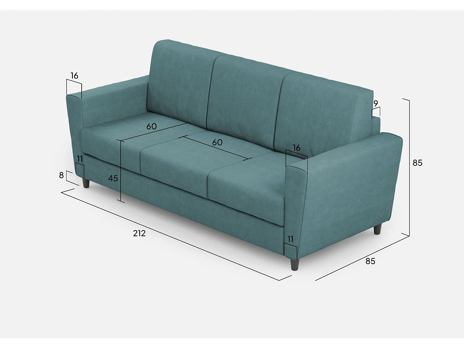 Divano Yasel 3 posti (tre sedute da 60cm) misure esterne L.212cm colore petrolio