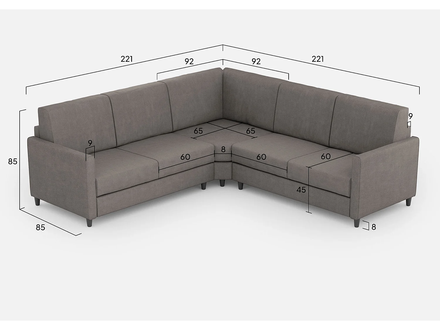 Karay Canapé 2 places (deux places 60cm) + coin + canapé 2 places (deux places 60cm) dimensions extérieures L.221x221 coloris gris