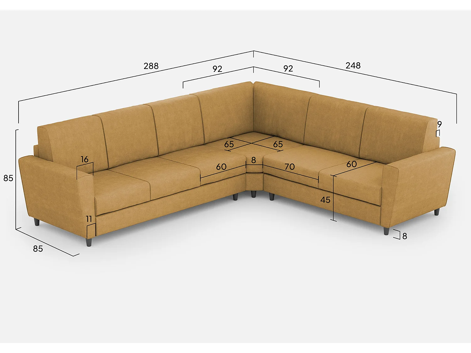 Yasel 3-zitsbank (drie zitplaatsen 60cm) + hoek + medium 2-zitsbank (twee zitplaatsen 70cm) buitenafmetingen L.288x248 oker