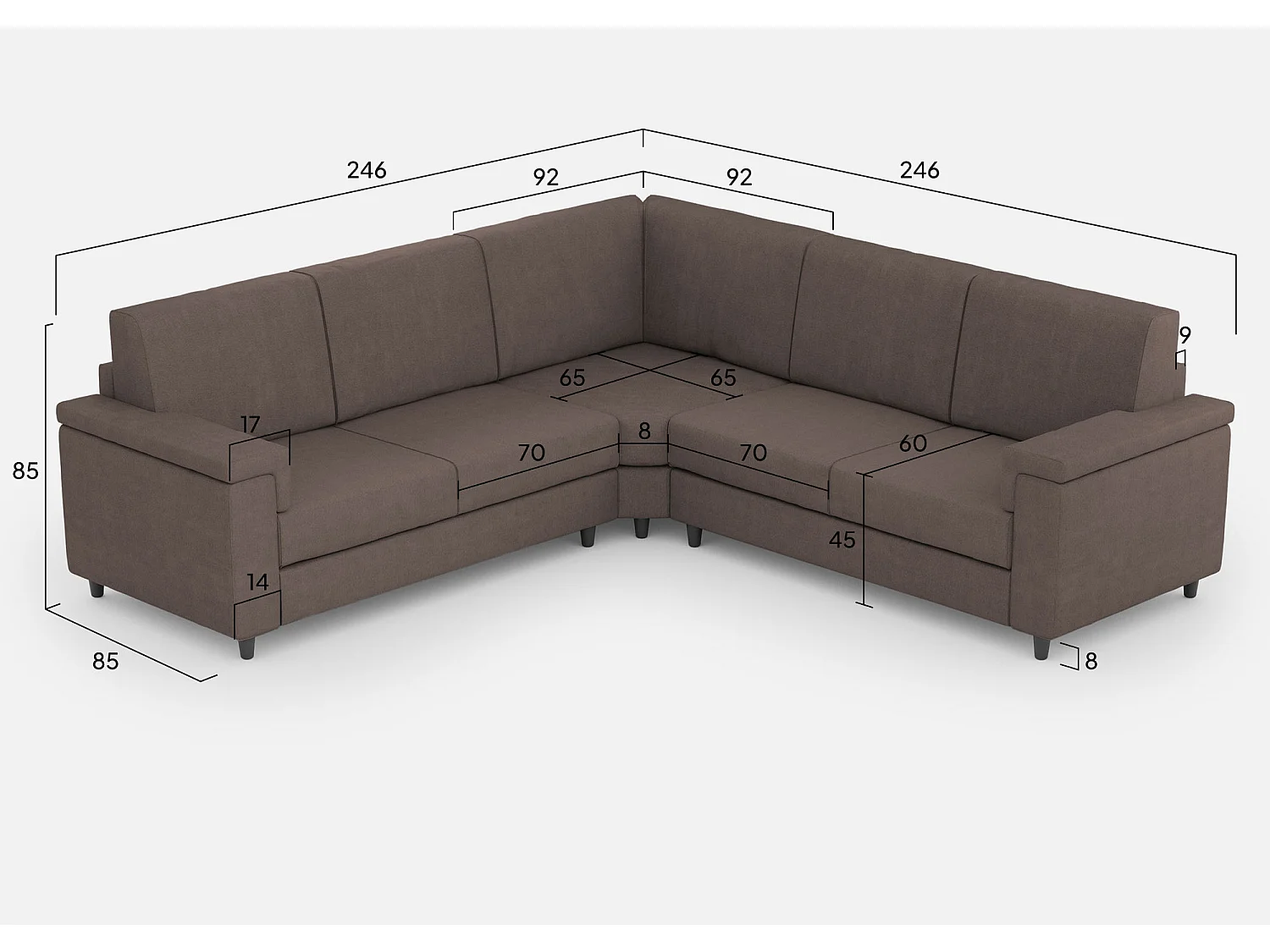 Canapé Marrak moyen 2 places (deux places 70cm) + coin + canapé moyen 2 places (deux places 70cm) dimensions extérieures L.246x246 coloris taupe