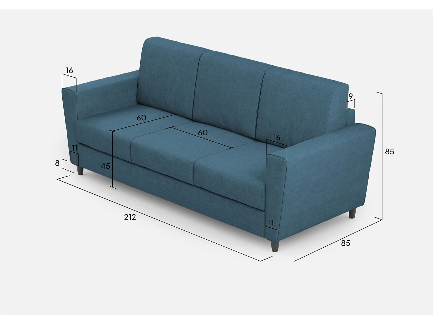 Canapé Yasel 3 places (trois places de 60cm) dimensions extérieures L.212cm coloris aviation
