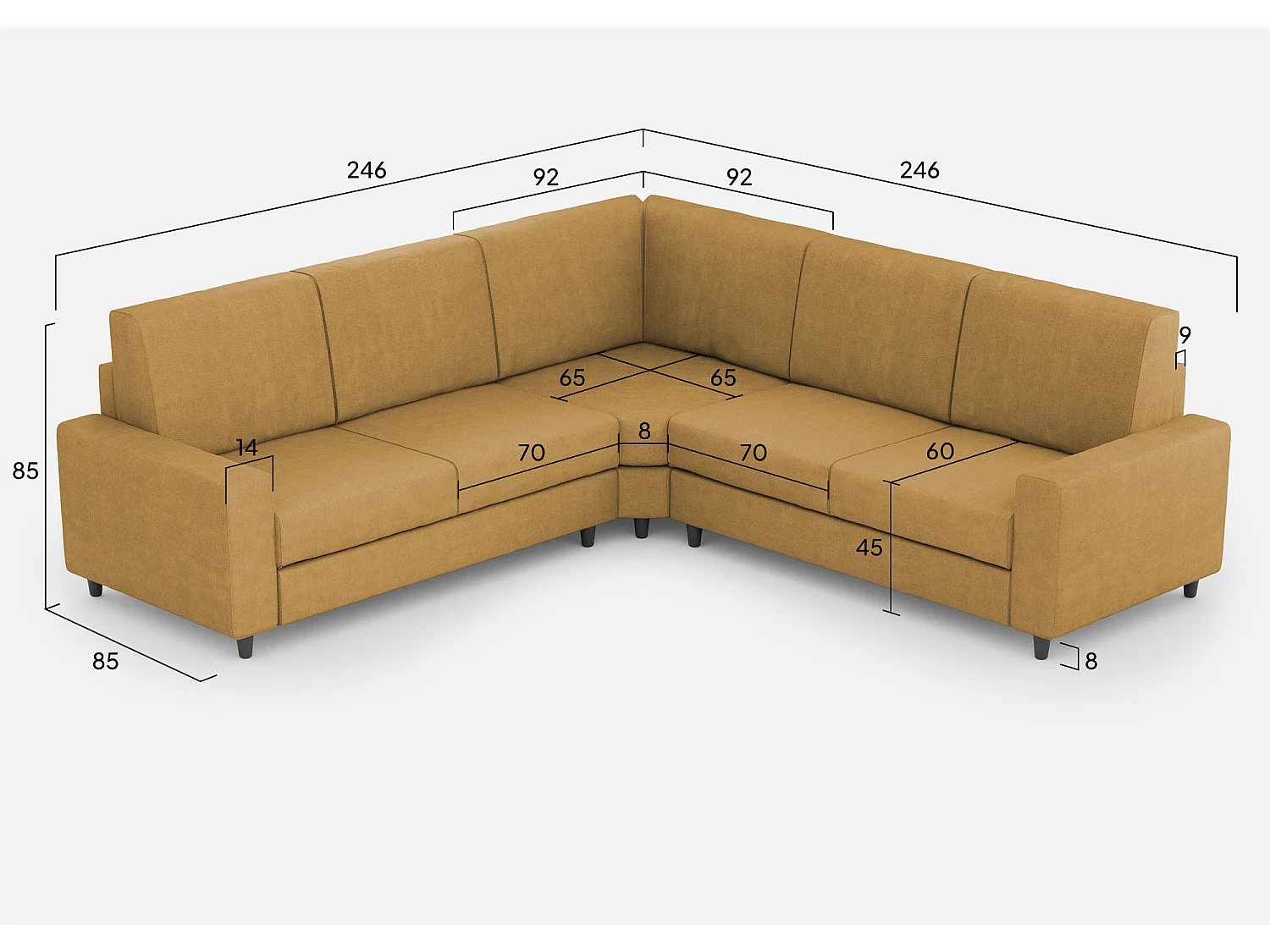 Sofá Sakar médio de 2 lugares (dois assentos de 70cm) + canto + sofá médio de 2 lugares (dois assentos de 70cm) dimensões externas L.246x246 cor ocre