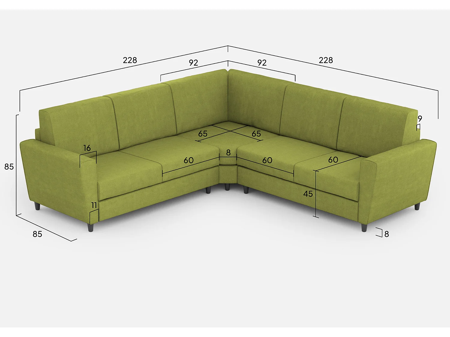 Yasel Canapé 2 places (deux places 60cm) + coin + Canapé 2 places (deux places 60cm) dimensions extérieures L.228x228 vert