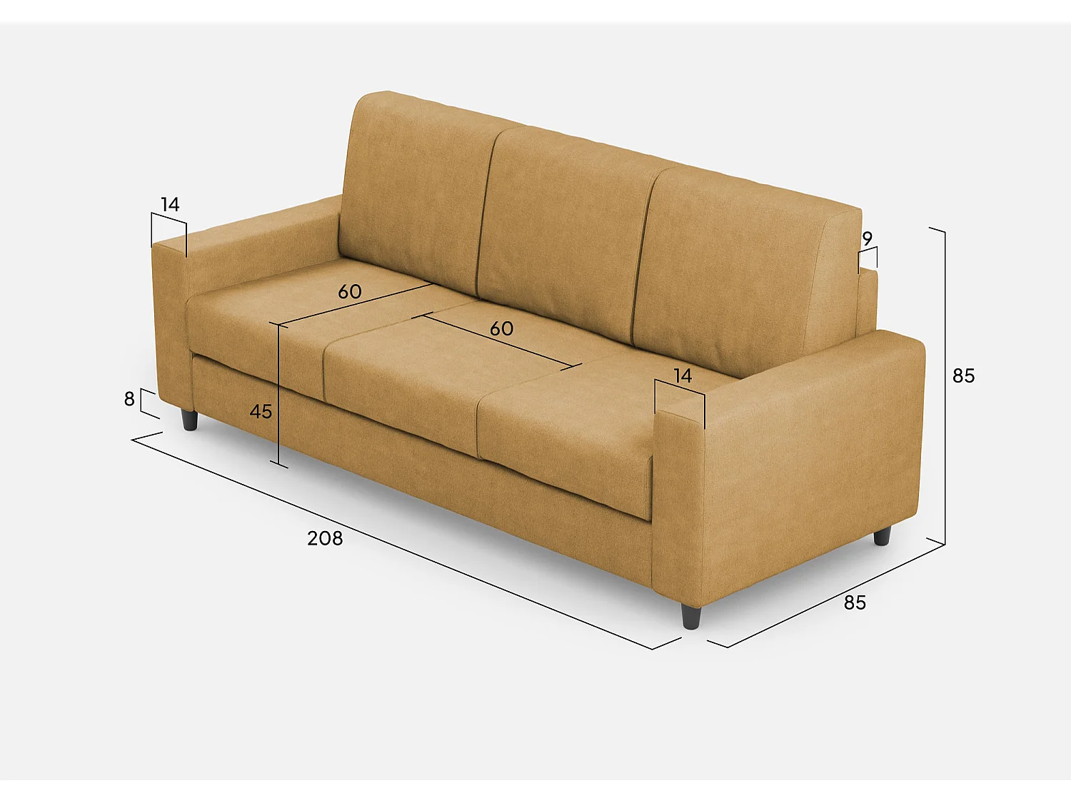 Sofá Sakar de 3 plazas (tres plazas de 60 cm) dimensiones exteriores L.208 cm color ocre