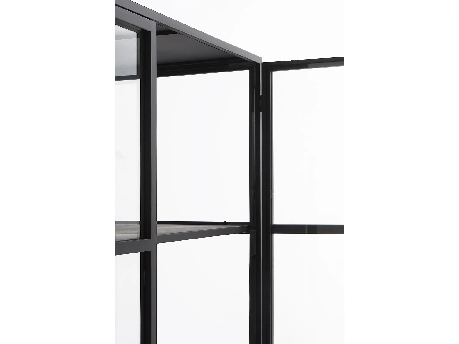 Armário expositor alto com portas e laterais de vidro estrutura metálica preta