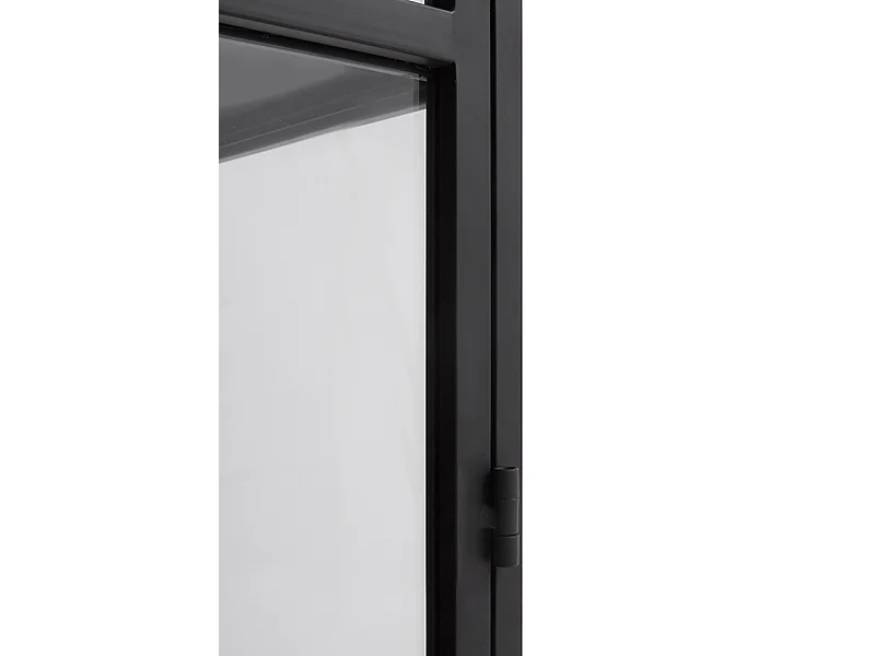 Armário expositor alto com portas e laterais de vidro estrutura metálica preta